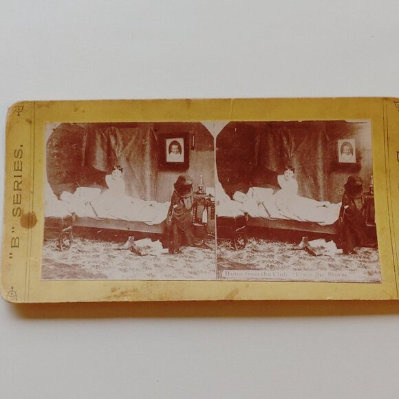 ANTIQUE Stereograph Card Humorous Victorian Scene "Home From the Club, Fears..." - Picture 1 of 5